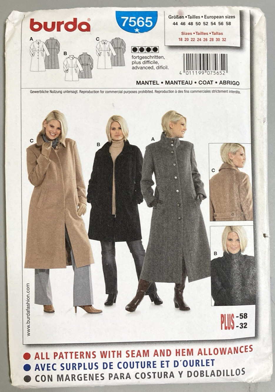 '09 Burda Style 7565 Trench Coat & Jacket Winter Ready Misses Plus 18-32 UNCUT